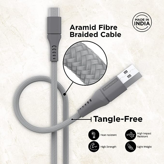 Lenovo Micro USB Tangle-free Aramid fiber braided 1m cable with 4A charging & 480 MBPS data transmission, certified 10000+ bend lifespan, Metallic Grey Lenovo Micro USB Tangle-free Aramid fiber braided 1m cable with 4A charging & 480 MBPS data transmission, certified 10000+ bend lifespan, Metallic Grey